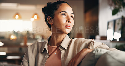Buy stock photo Memories, relax and thinking with woman on sofa in living room of home for break, chilling or me time. Nostalgia, reflection and vision with thoughtful person in apartment for weekend planning