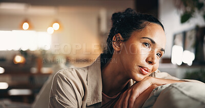 Buy stock photo Calm, thinking or woman in house with mindfulness, past memory or insight with morning inspiration. Reflection, bokeh or person in home with mindset, nostalgia or peaceful perspective at start of day