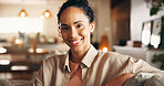 Happy, portrait and relax with woman on sofa in living room of home for break, chilling or me time. Smile, unwind and wellness with comfortable person in apartment for peaceful morning or weekend