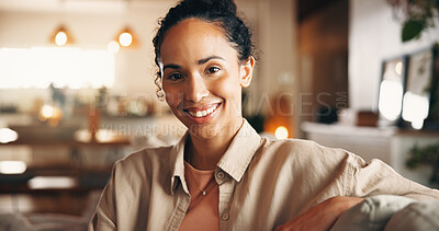 Buy stock photo Happy, portrait and relax with woman on sofa in living room of home for break, chilling or me time. Smile, unwind and wellness with comfortable person in apartment for peaceful morning or weekend