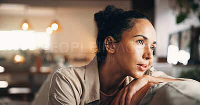 Buy stock photo Calm, thinking or woman on sofa with mindfulness, past memory or insight with morning inspiration. Reflection, bokeh or person in house with mindset, nostalgia or peaceful perspective at start of day
