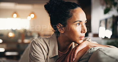 Buy stock photo Reflection, thinking and vision with woman on sofa in living room of home for break, chilling or me time. Memories, nostalgia and relax with thoughtful person in apartment for weekend planning