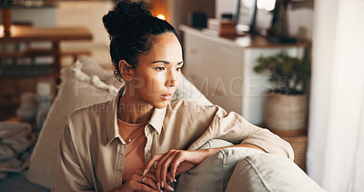 Buy stock photo Thinking, sad and woman on couch with choice, problem solving and mistake in wrong decision. Confused mindset, past memory or female person in living room with doubt, questioning or regret in home.