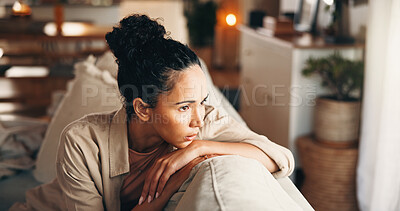Buy stock photo Thinking, sad and woman on couch with nostalgia, confused mindset or mistake in wrong decision. Reflection, past memory or female person in living room with doubt, questioning or regret in home.
