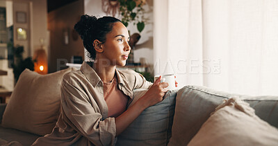 Buy stock photo Thinking, woman and relax with coffee at house for vision, daydreaming and calm morning on sofa. Thoughts, female person and reflection with beverage, remember memory and weekend break in living room