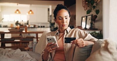 Buy stock photo Phone, payment and woman in apartment with credit card, online shopping and check CVV for purchase. Person, reading account number and digital banking in home with fintech, mobile app and ecommerce.