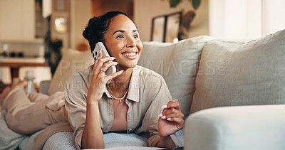 Buy stock photo Relax, smile or woman on sofa with phone call, comfortable or communication on dating site. Chill, conversation or female person in home with tech, voice chat or connection on matchmaking platform.