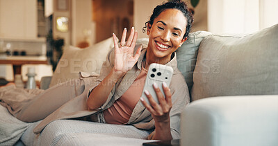 Buy stock photo Phone, video call and woman wave on sofa in home for greeting contact, online communication or relax. Living room, hello and person with mobile for virtual chat, smile and hand gesture in house