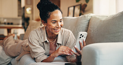Buy stock photo Relax, smile and woman with phone on couch, reading email message and check chat notification on weekend. Rest, day off or happy person with mobile for connection, networking and social media in home