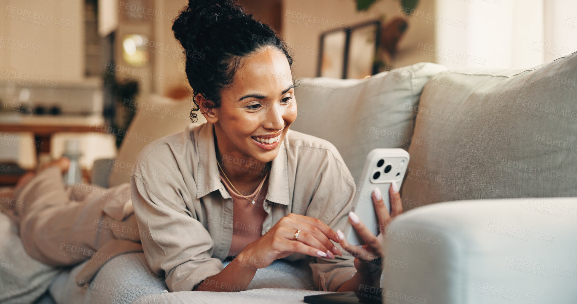 Buy stock photo Relax, smile and woman with phone on couch, reading email message and check chat notification on weekend. Rest, day off or happy person with mobile for connection, networking and social media in home