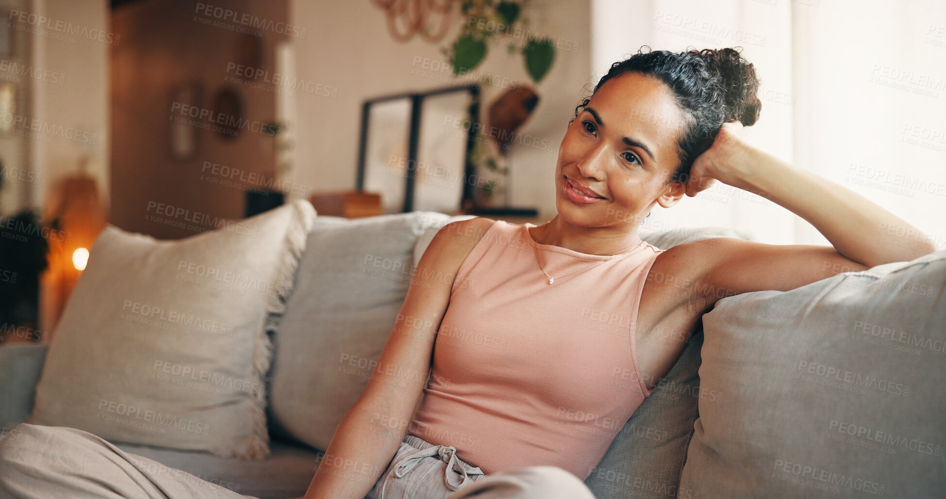 Buy stock photo Break, smile and thinking with woman on sofa in living room of home for chilling or me time wonder. Reflection, relax and unwind with happy person in apartment lounge for morning or weekend wellness