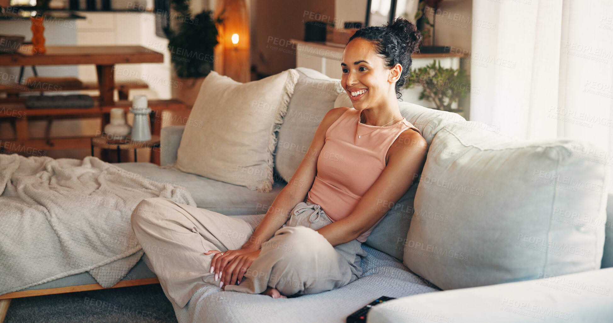 Buy stock photo Relax, smile and thinking with woman on sofa in living room of home for chilling or me time wonder. Break, reflection and unwind with happy person in apartment lounge for morning or weekend wellness
