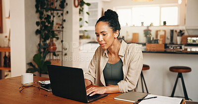 Buy stock photo Remote work, finance or woman in home with laptop, profit change or news update on investment return. WFH, reading or analyst in house with tech, budget review or revenue growth on client account.