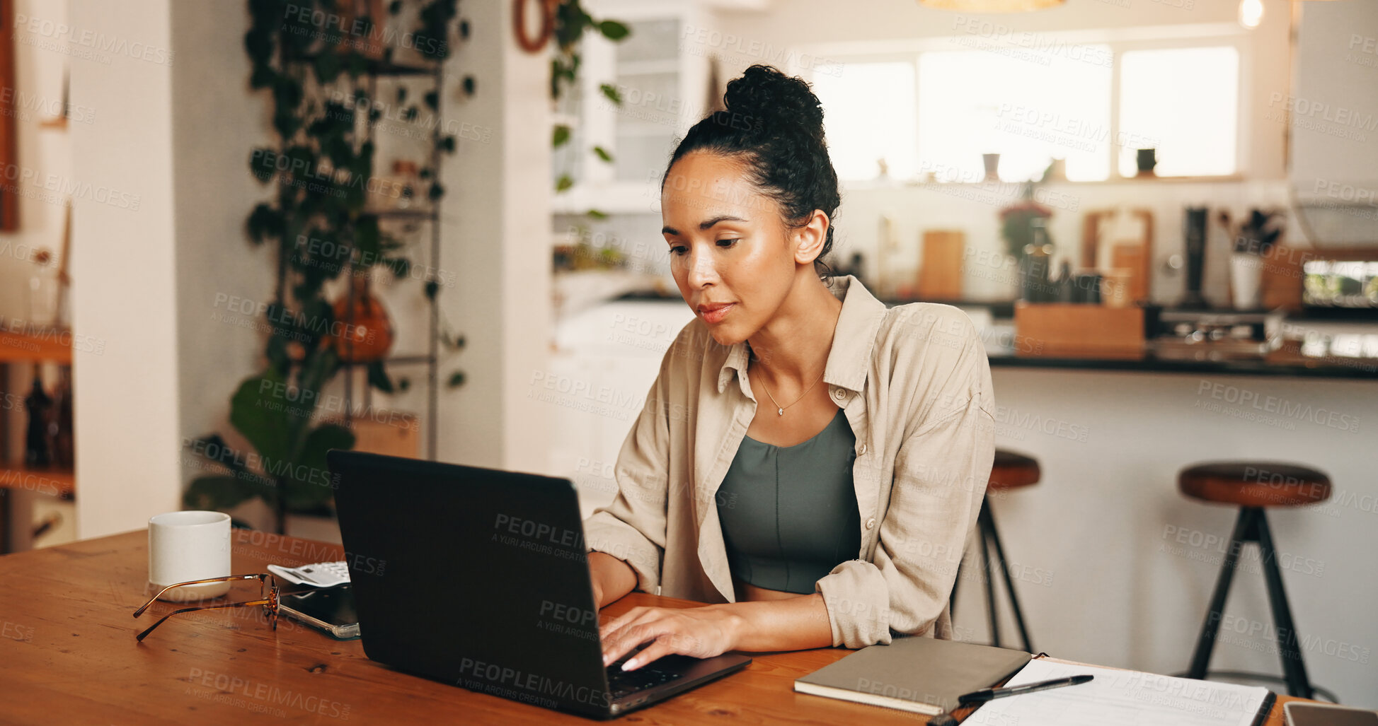 Buy stock photo Remote work, finance or woman in home with laptop, profit change or news update on investment return. WFH, reading or analyst in house with tech, budget review or revenue growth on client account.