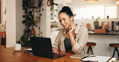 Buy stock photo Remote work, reading or woman in house with laptop, profit change or news update on investment return. WFH, finance or analyst in home with tech, budget review or revenue growth on client account.