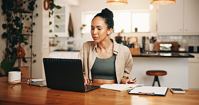 Buy stock photo Woman, research or notebook in apartment with laptop, administration or budget for utility bills. Person, computer and reading in home with diary, financial planning or website for household expense.