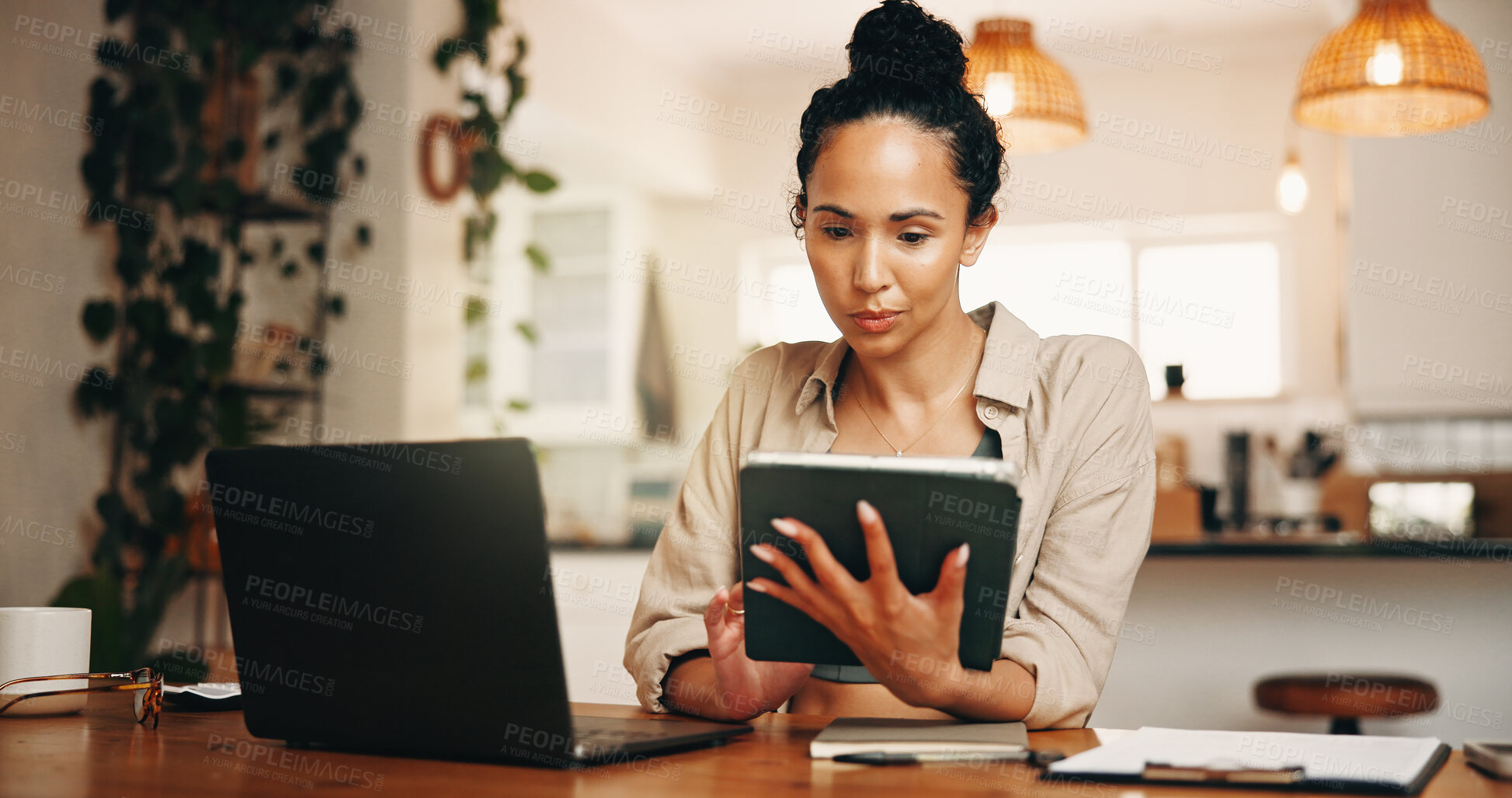 Buy stock photo Laptop, reading or woman with tablet for remote work, financial records evaluation or accuracy check. Home, digital archive or freelance auditor with internal investigation, risk assessment or tech