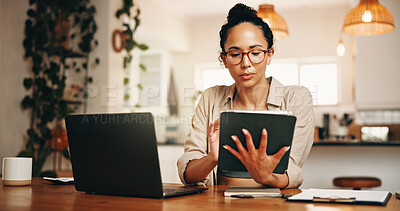 Buy stock photo Laptop, review or woman with tablet for remote work, financial records evaluation or accuracy check. Home, digital archive or freelance auditor with internal investigation, risk assessment or tech