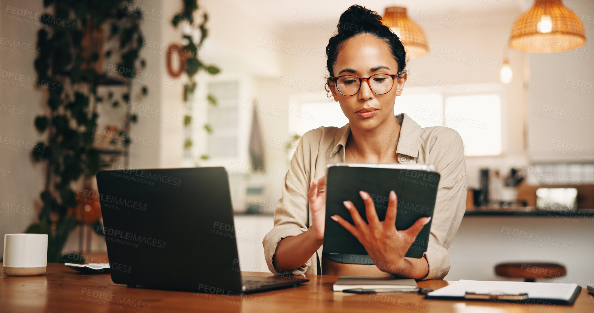 Buy stock photo Laptop, review or woman with tablet for remote work, financial records evaluation or accuracy check. Home, digital archive or freelance auditor with internal investigation, risk assessment or tech