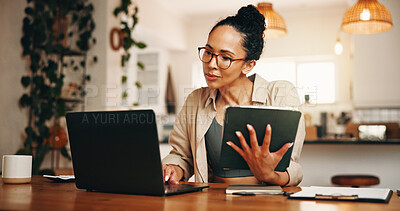 Buy stock photo Laptop, woman or tablet for remote work in home, financial records evaluation or check for accuracy. Review, digital archive or freelance auditor with internal investigation, risk assessment or tech