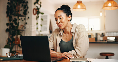 Buy stock photo Remote work, review or woman in house with laptop, draft edit or source feedback for article. WFH, online submission or journalist in home with tech, fact check or industry research for publication.