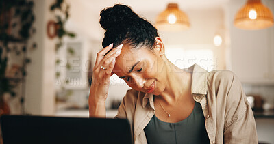 Buy stock photo Headache, laptop and remote work with woman in home for planning burnout or research fatigue. Anxiety, computer and stress with freelance employee in apartment for brain fog, deadline or pressure