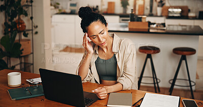 Buy stock photo Anxiety, laptop and remote work with woman in home for planning burnout or research fatigue. Computer, headache and stress with freelance employee in apartment for brain fog, deadline or pressure