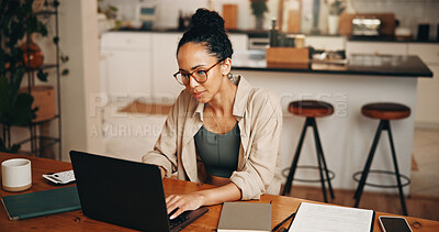 Buy stock photo Remote work, finance or woman at table with laptop, profit change or news update on investment return. WFH, typing or analyst in house with tech, budget review or revenue growth on client account.