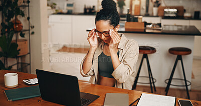 Buy stock photo Laptop, remote work and stress with woman in home for administration or research deadline. Computer, eye strain and reading with freelance employee at table in apartment for pressure or tension
