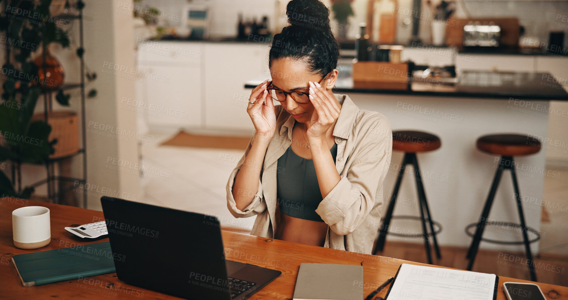 Buy stock photo Laptop, remote work and stress with woman in home for administration or research deadline. Computer, eye strain and reading with freelance employee at table in apartment for pressure or tension