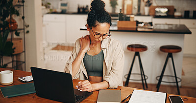 Buy stock photo Woman, discomfort and neck pain with laptop at house with bad posture, burnout and mortgage pressure. Stress, female person or pc with sore shoulder, muscle inflammation and fibromyalgia of bills error