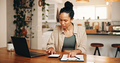 Buy stock photo Woman, calculator and laptop in home with document, administration or budget for online utility bills. Person, calculation and computer in house with paperwork, financial planning and household cost.