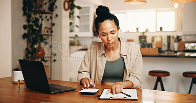 Buy stock photo Woman, calculator and laptop in apartment with document, administration and budget for utility bills. Person, calculation and computer in home with paperwork, financial planning or household expense.