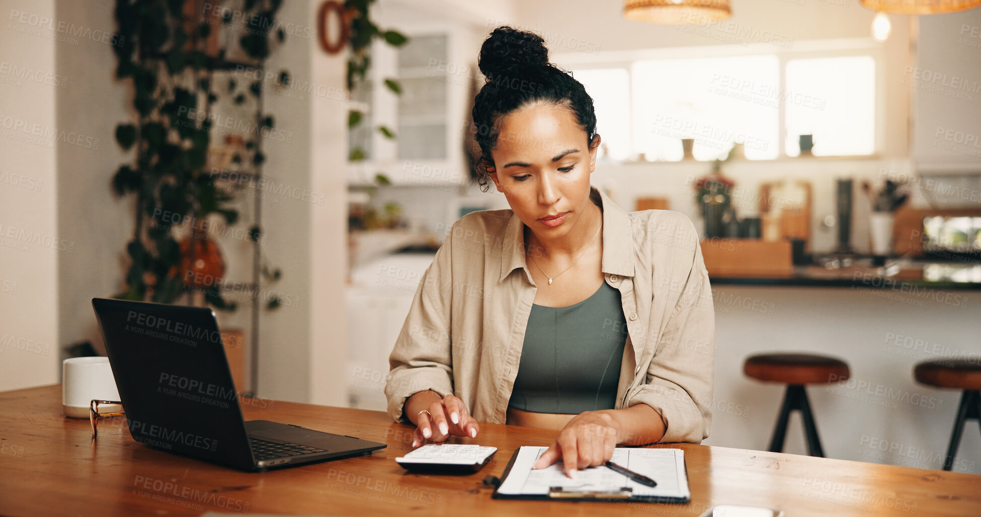Buy stock photo Woman, calculator and laptop in apartment with document, administration and budget for utility bills. Person, calculation and computer in home with paperwork, financial planning or household expense.