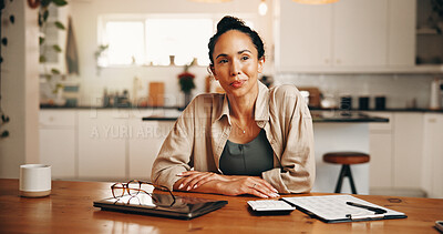 Buy stock photo Kitchen, remote work and thinking with woman at table in home for inspiration or planning. Decision, opportunity and vision with freelance employee in apartment for small business or startup ideas