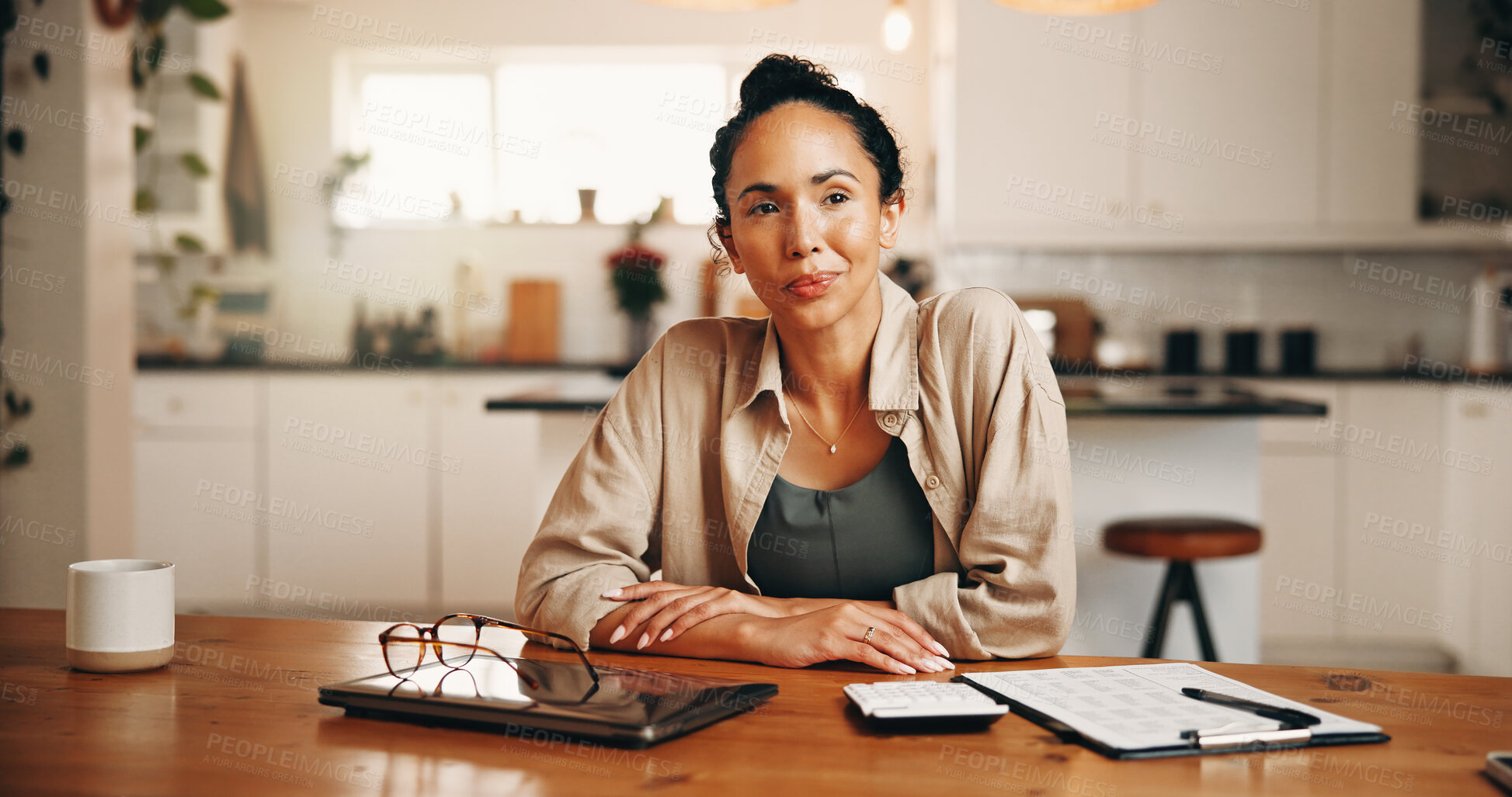 Buy stock photo Kitchen, remote work and thinking with woman at table in home for inspiration or planning. Decision, opportunity and vision with freelance employee in apartment for small business or startup ideas