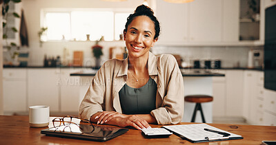 Buy stock photo Portrait, woman and budget planning in home with laptop, calculator and clipboard for household bills. Happy, person and computer in apartment with checklist, rebate and savings for utility expenses.