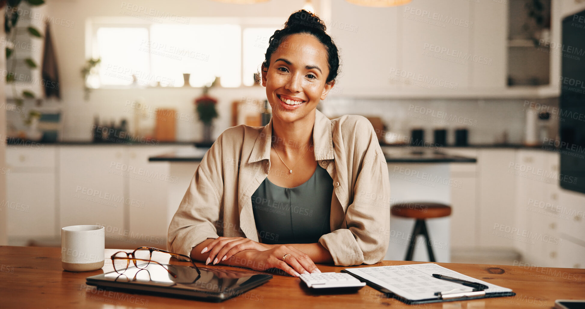 Buy stock photo Portrait, woman and budget planning in home with laptop, calculator and clipboard for household bills. Happy, person and computer in apartment with checklist, rebate and savings for utility expenses.