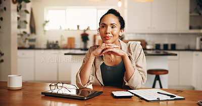 Buy stock photo Thinking, finance and woman in home for budget planning, mortgage decision or idea in kitchen. Reflection, smile and person in house for savings, positive mindset and solution for household expenses