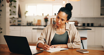 Buy stock photo Remote work, notebook or woman in home with laptop, draft brainstorming or fact check for article. WFH, writing ideas or journalist with tech, story development or industry research for publication.
