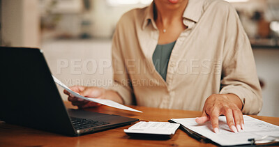 Buy stock photo Woman, hands and document in apartment with laptop, calculator and administration for utility bills. Person, paperwork and computer in home with financial planning, household expense and tax return.