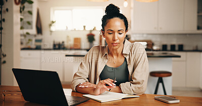 Buy stock photo Notebook, thinking and woman in home office for remote work, planning or idea for novel with laptop. Notes, reflection and freelance author in house for inspiration, story or thoughts with computer