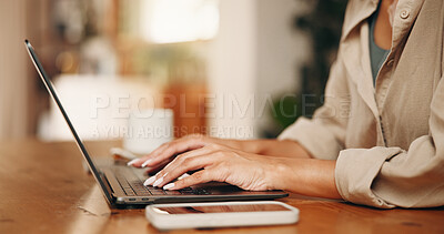 Buy stock photo Remote work, typing or hands in home with laptop, draft review or source feedback for article. WFH, woman or journalist in house with tech, fact check or industry research for online publication.