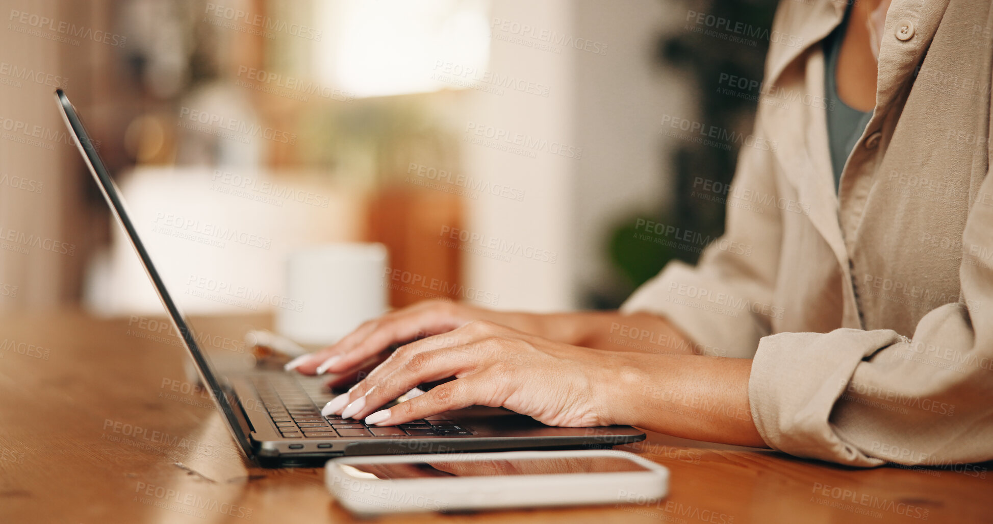 Buy stock photo Remote work, typing or hands in home with laptop, draft review or source feedback for article. WFH, woman or journalist in house with tech, fact check or industry research for online publication.