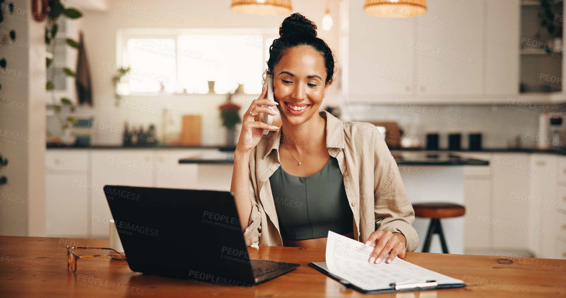 Buy stock photo Laptop, paper and woman with phone call for remote work, verification and vendor management for contact. Tech, home or freelance event planner with schedule for coordination, talk or venue setup info