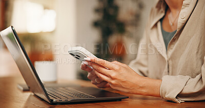 Buy stock photo Laptop, hands or person on phone for remote work, two step verification or check email for password. System credentials, tech or freelancer with login details for online access, cybersecurity or home