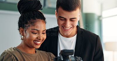 Buy stock photo Happy, people and photographer with camera in studio for photoshoot results, catalog or selection. Smile, woman and backstage with model, review picture and film production for photography industry