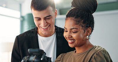 Buy stock photo Woman, photographer and camera with model in studio for photoshoot results, catalog and selection. Smile, people and backstage with image, review picture and film production for photography industry
