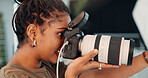 Photographer, woman or shooting with camera in studio, creativity or instructions for catalog production. Direction, smile or African director with equipment backstage, fashion magazine or photoshoot