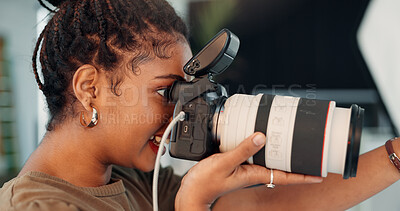 Buy stock photo Photographer, woman or shooting with camera in studio, creativity or instructions for catalog production. Direction, smile or African director with equipment backstage, fashion magazine or photoshoot